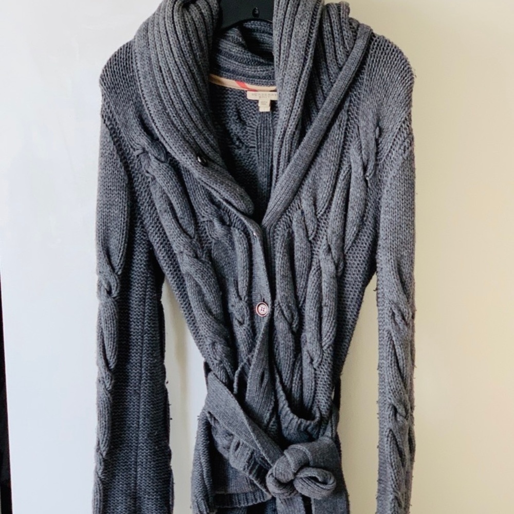 Burberry Gray Wool + Cashmere Chunky Knit Cardigan